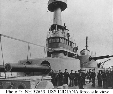 View on the forecastle, circa 1897, showing some of her crewmen, her pilothouse, forward 13-inch gun turret and forward port 8- inch gun turret. Halftone photograph, copied from the contemporary publication Uncle Sam's Navy, 1898.