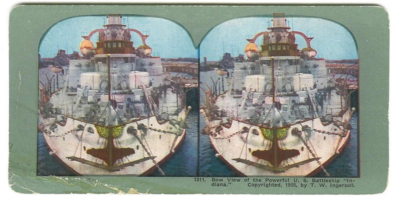 Steroscopic color tinted photo of the Indiana's bow view, by T.W. Ingersoll, circa 1905