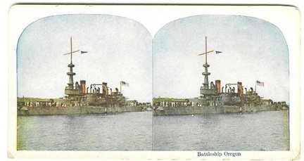 Steroscopic color print of the Oregon, port side view, circa 1906.
