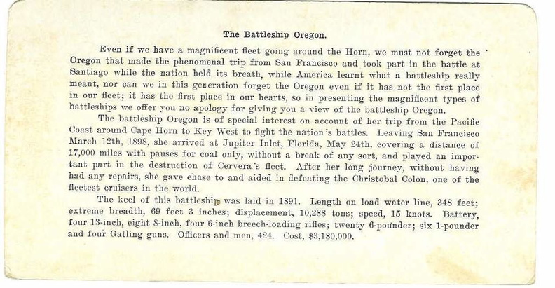 Explanation of the reverse side of the steroscopic color print of the Oregon, circa 1906.