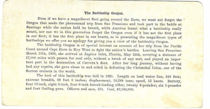 Explanation of the reverse side of the steroscopic color print of the Oregon, circa 1906.