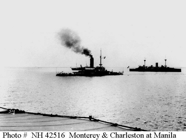 USS Monterey (BM-6) (center) and USS Charleston (C-2) (right) In Manila Bay, circa 1898-1899. Courtesy of the Kansas State Historical Society, Topeka, KS, 1967
